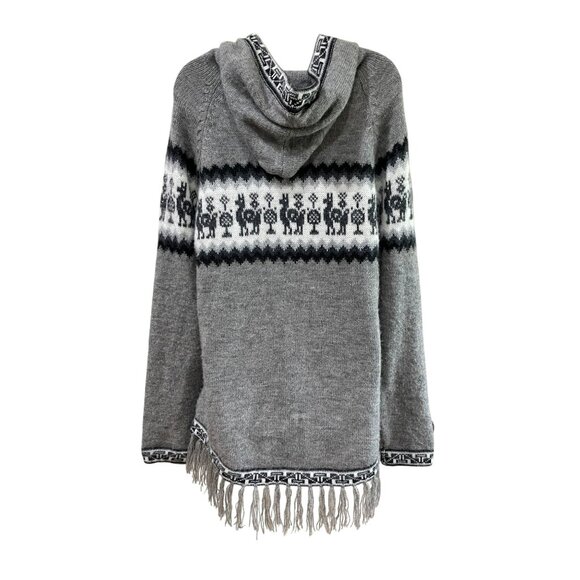 Alpaca Connection Peru Large Gray & Black Llama Fair Isle Hooded Poncho Sweater - Picture 2 of 8
